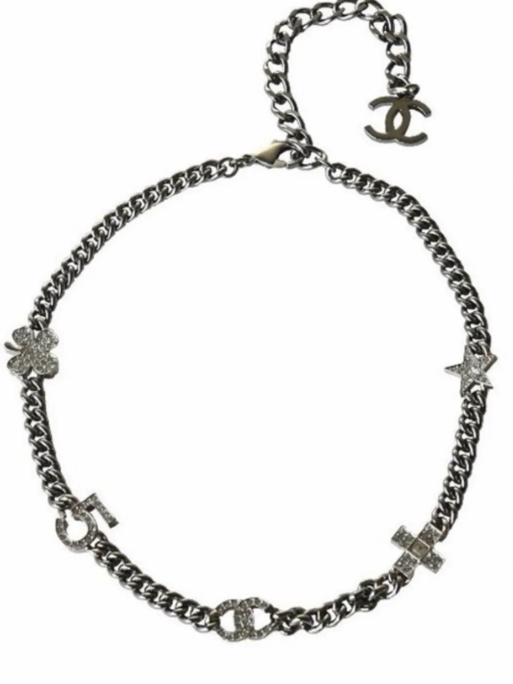🪩 🆕 Chanel 5 CC black metal 🖤 crystal charm Choker Necklace 🪩